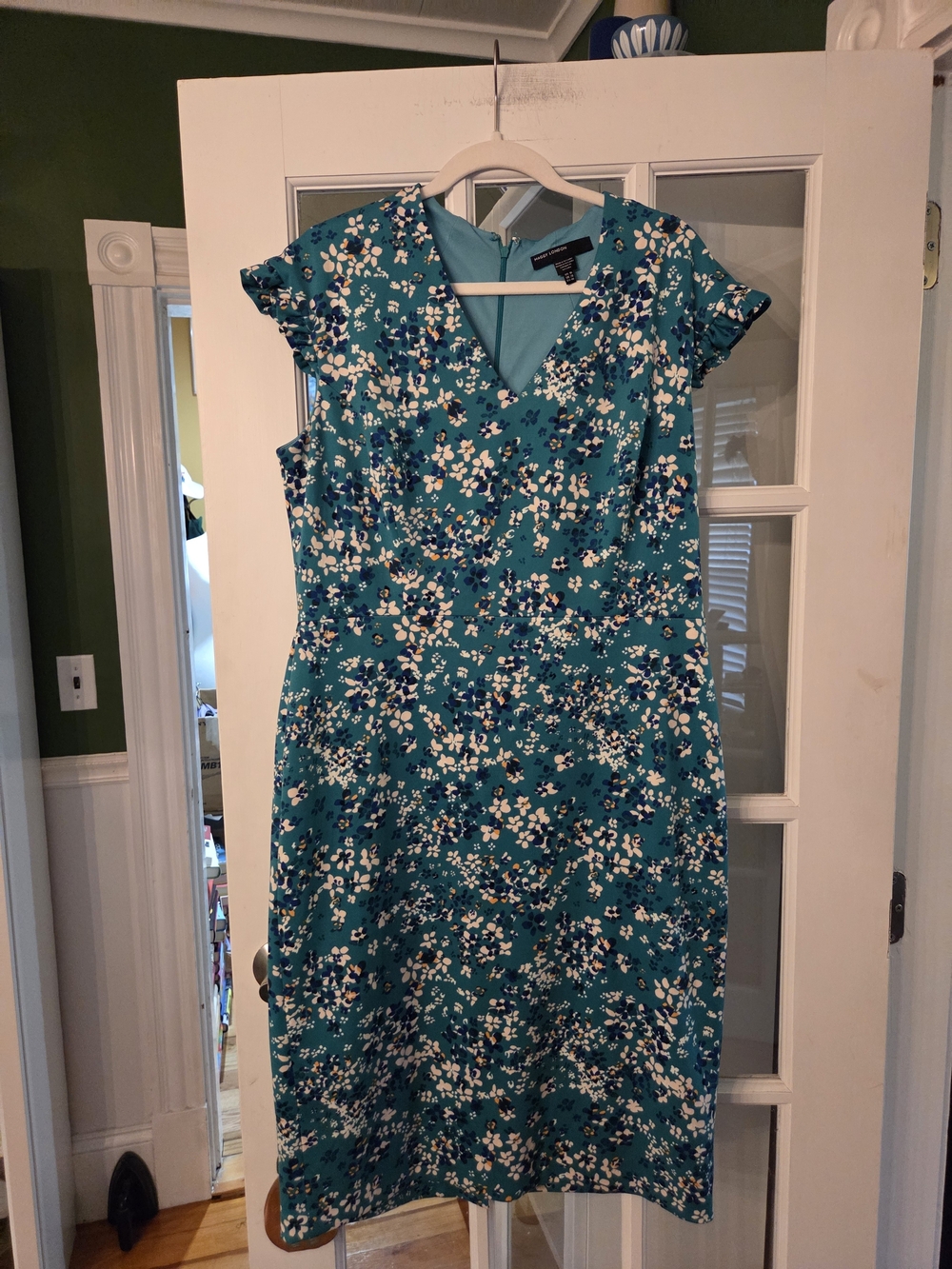Maggy London Teal Floral V-Neck Midi Dress - Size 16 - Picture 3 of 9